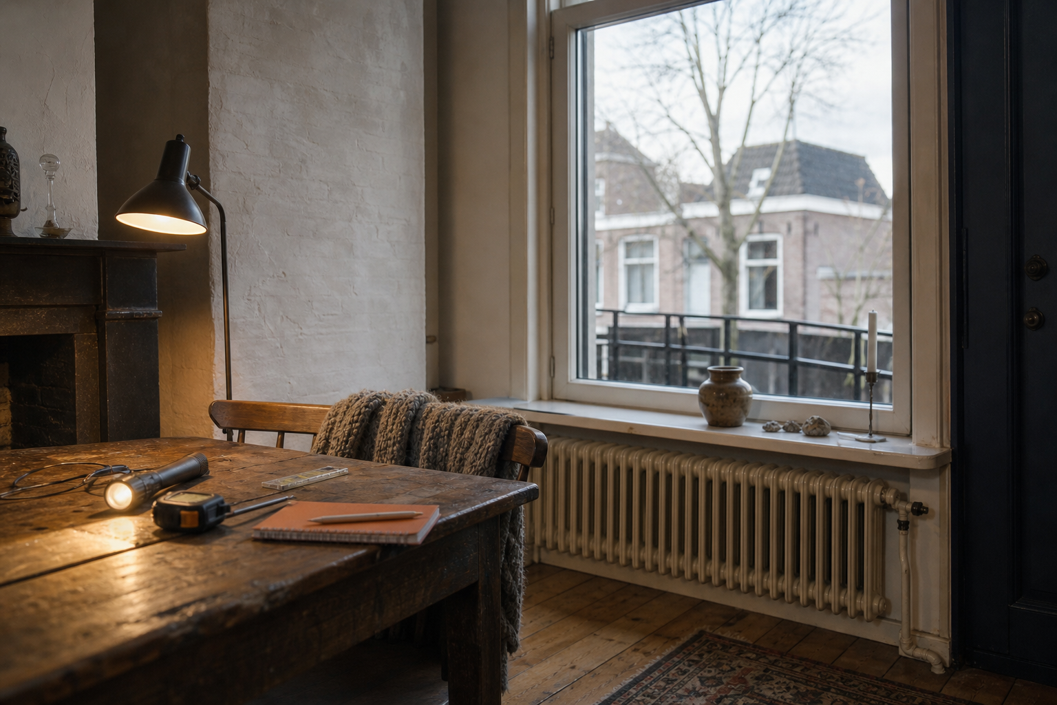 Oudere woonruimte met houten tafel, radiator en meetgereedschap bij het raam