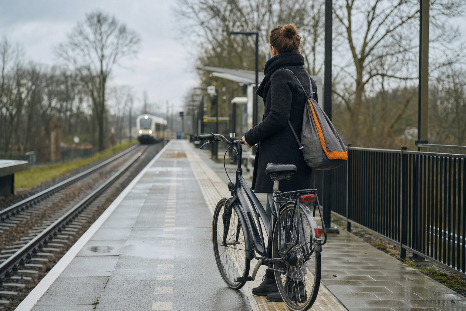 Reiziger met fiets op een rustig perron na een regenbui