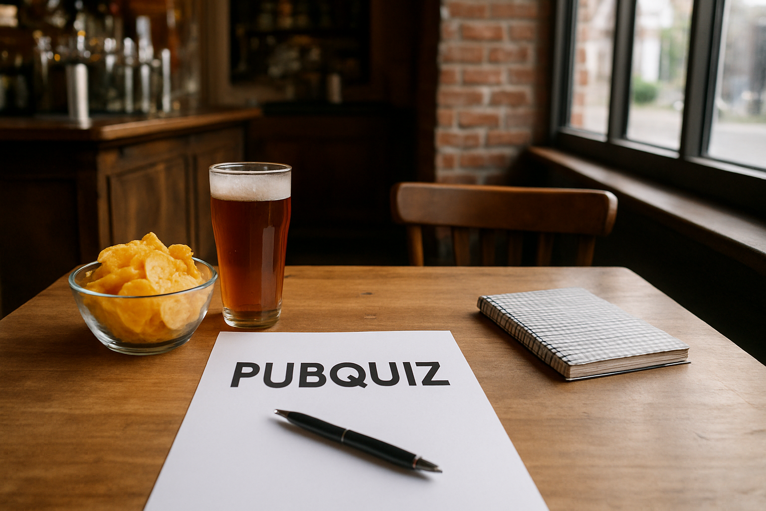 Pubquizmaterialen op tafels in een sfeervol dorpshuis zonder aanwezige bezoekers